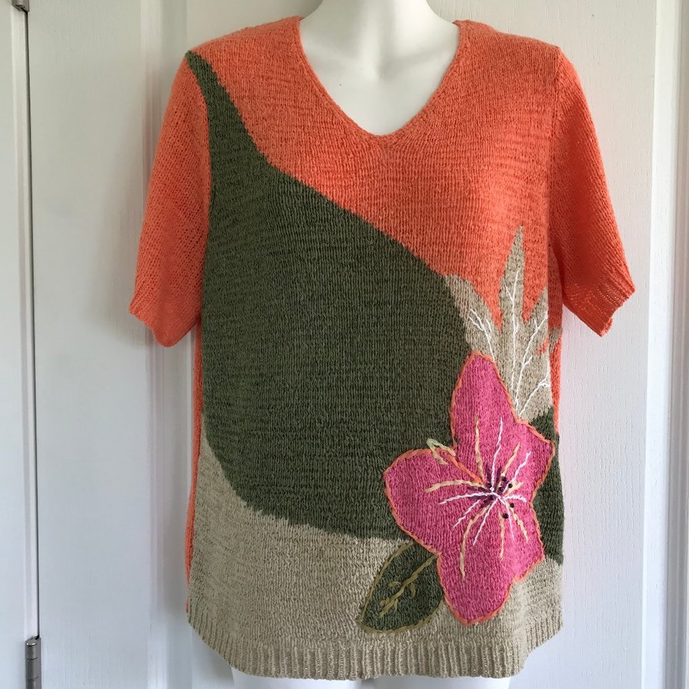Koret Colorful Short Sleeve Ribbon Knit Sweater Colorblock Flower Pattern - Picture 2 of 6